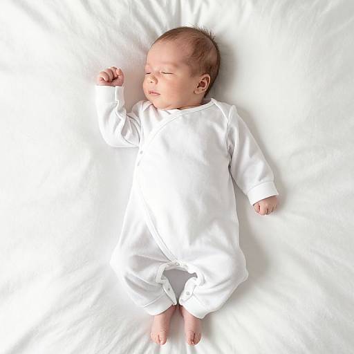 Photograph of a sleeping newborn baby in a white onesie, lying on a white bed sheet, with one arm raised.