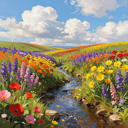 Vibrant Stream Amid Colorful Flowers
