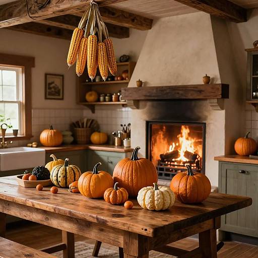 Rustic kitchen with wooden beams, hanging corn husks, roaring fireplace, and wooden table adorned with various pumpkins, autumnal decor.