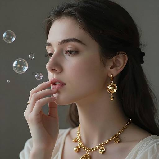 Photograph of a young woman with fair skin, dark hair, and gold jewelry, gently touching her lips as soap bubbles float around her. Soft,