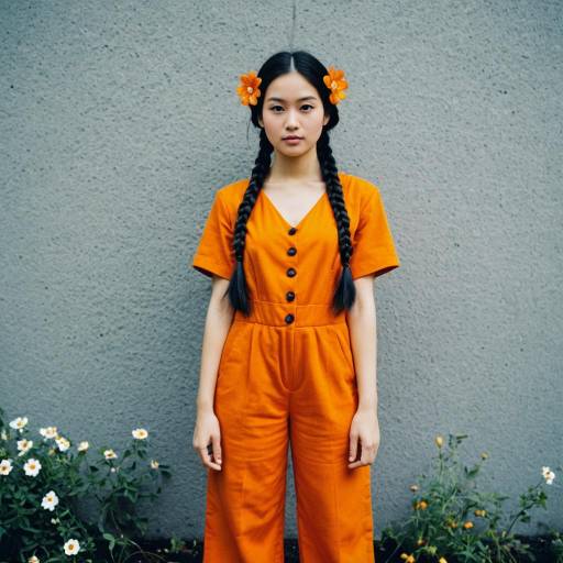 Young Woman in Orange Jumpsuit with Braided Hair
