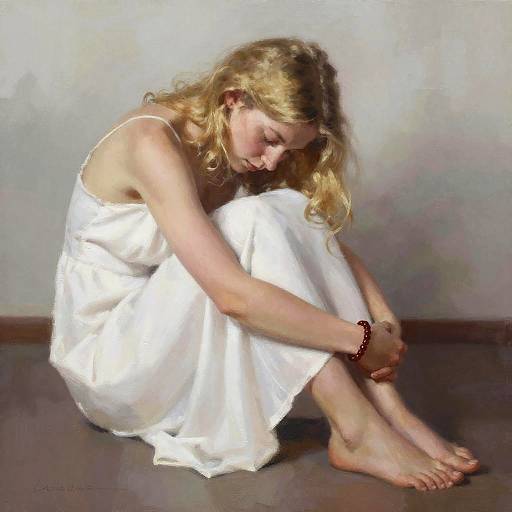 Somber Blonde Woman in White Dress