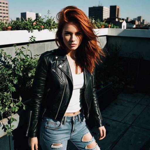 Fashionable Woman with Auburn Hair on Rooftop