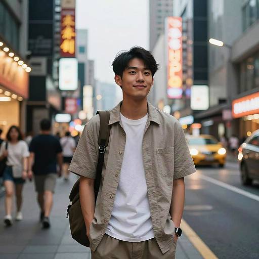 Photograph of an Asian man with short black hair, wearing a beige shirt, white t-shirt, and beige pants, walking on a busy, brightly