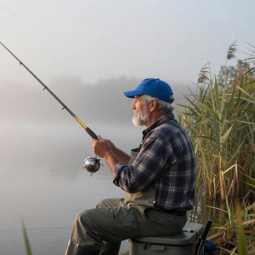 Elderly Man Fishing by Foggy Lake