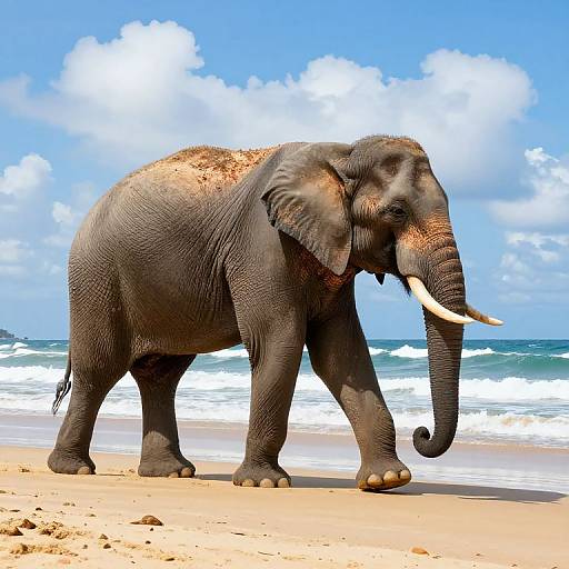 Photograph of a large, gray elephant with dust-covered back standing on a sandy beach, ocean waves and blue sky with clouds in the background.