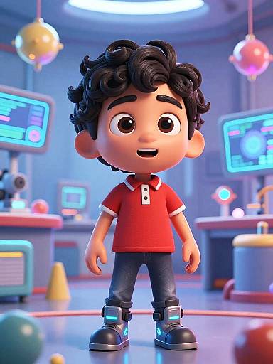 CGI cartoon of a cute, curly-haired boy in a red polo shirt, blue jeans, and black sneakers, standing in a brightly lit, futuristic