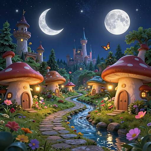Whimsical digital painting of a fairy-tale village at night, with glowing mushroom houses, a moonlit sky, a flowing stream, and a