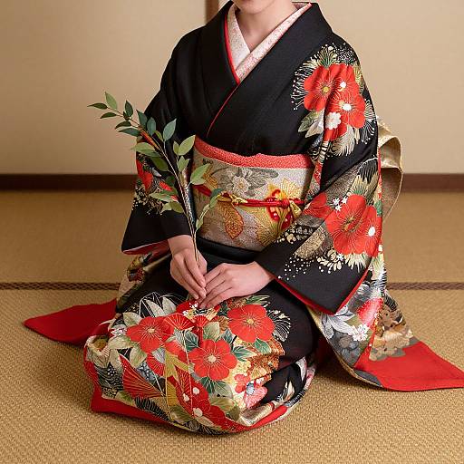 Photograph of a person in a black kimono with vibrant red and white floral patterns, seated on a tatami mat floor.