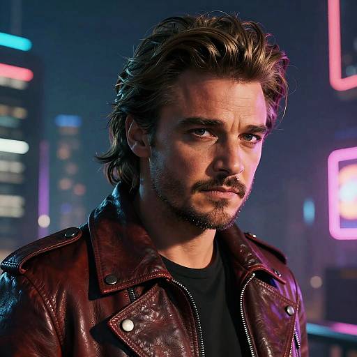 Photograph of a serious, handsome man with messy brown hair, beard, and dark leather jacket, standing against a neon-lit city night background.