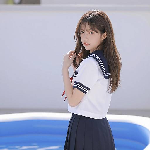 Asian Girl in Navy Sailor School Uniform Outdoors
