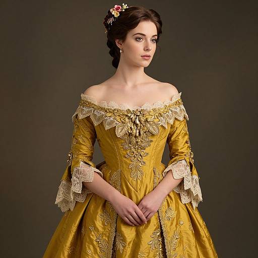 Photograph of a fair-skinned woman with dark hair in an 18th-century yellow embroidered off-the-shoulder gown, floral hairpiece,