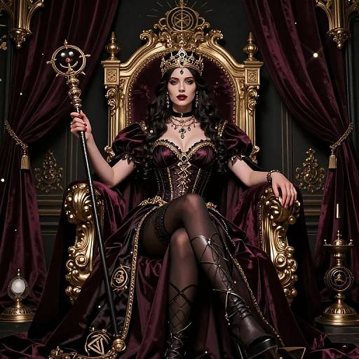 Regal dark-haired woman in ornate black gown and crown, holding staff, seated on gold throne with purple drapes, exuding regal power