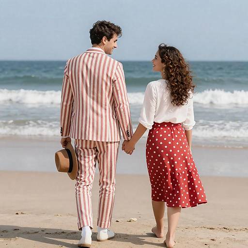 Sunlit Beach Couple in Retro Outfits