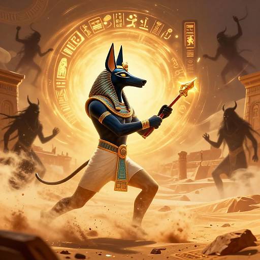 Digital art of an anthropomorphic Anubis, blue jackal with Egyptian attire, holding a staff, standing before a glowing sun disk, surrounded by