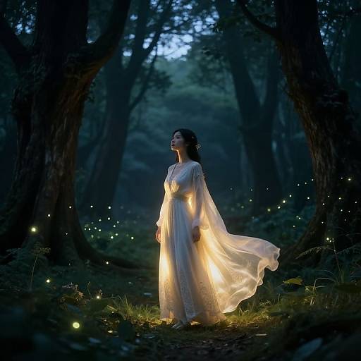 Photograph of a woman in a flowing white dress, illuminated by glowing fireflies, standing in a dark, enchanted forest at twilight.