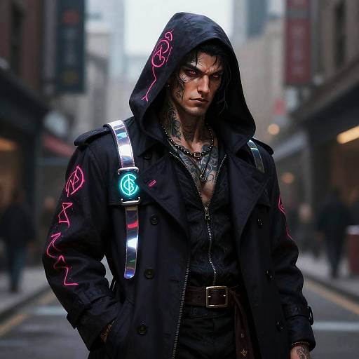 Charismatic Neon Sorcerer in Hooded Trench