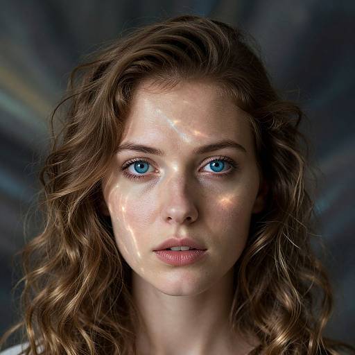 Photorealistic portrait of a young woman with wavy brown hair, striking blue eyes, and starlight patterns on her face, against a dark,