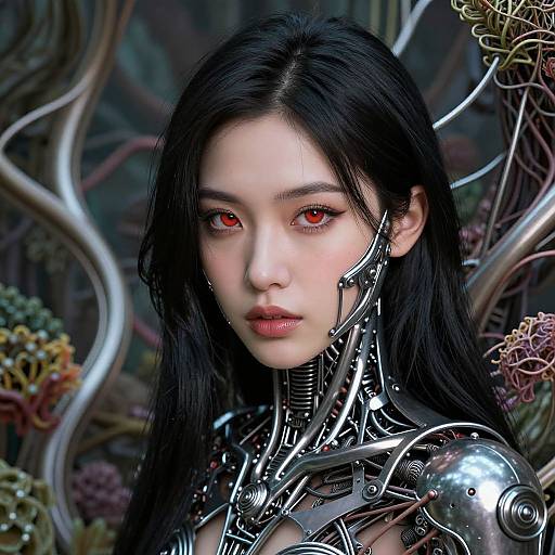 Digital artwork of a pale-skinned, red-eyed, black-haired woman with cybernetic enhancements, surrounded by metallic vines and colorful coral in a dark