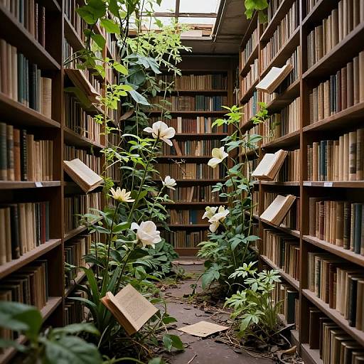 Photograph of a narrow library aisle with tall wooden bookshelves on both sides, featuring white roses and green vines growing amidst scattered books. Natural light
