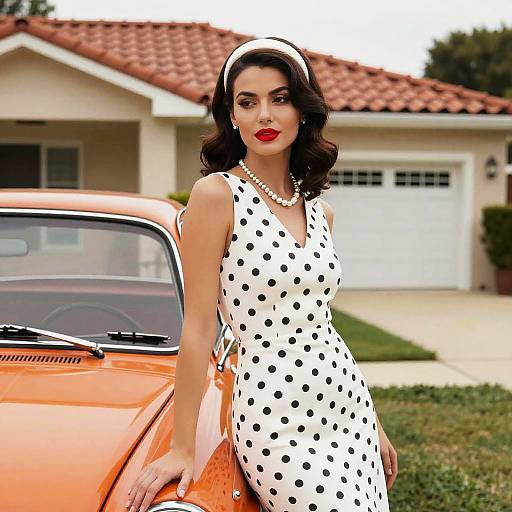 Photograph of a dark-haired woman in a white polka dot dress, pearl necklace, and red lipstick, leaning on an orange vintage car, in