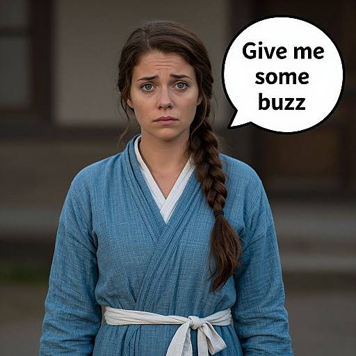Photograph of a sad-eyed woman with long brown hair in a blue kimono, white belt, saying 