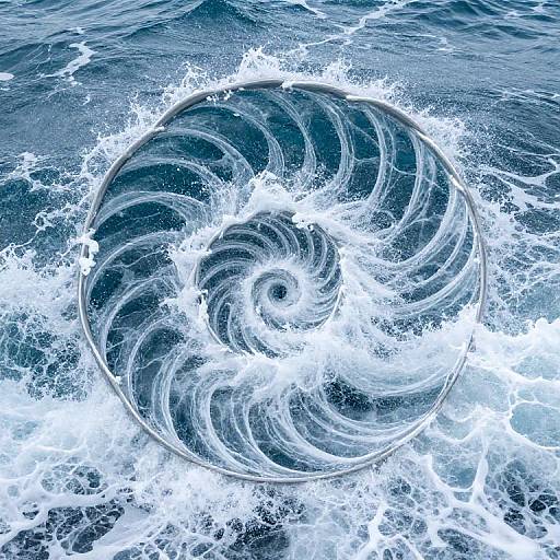 Photograph of a swirling ocean wave forming a circular pattern with white frothy water against dark blue sea.