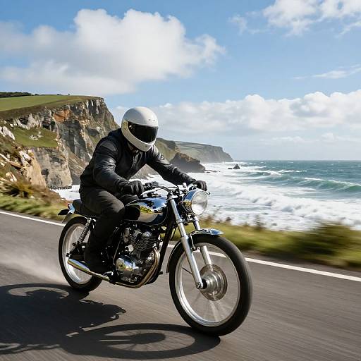 Photograph of a motorcyclist in black leather and white helmet riding a vintage motorcycle along a coastal road with cliffs and ocean waves in the background.