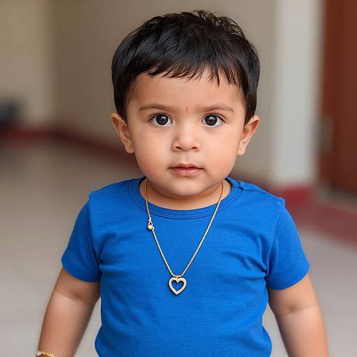 Photograph of a young boy with short black hair, wearing a bright blue t-shirt and two heart-shaped necklaces, standing indoors with a blurred background