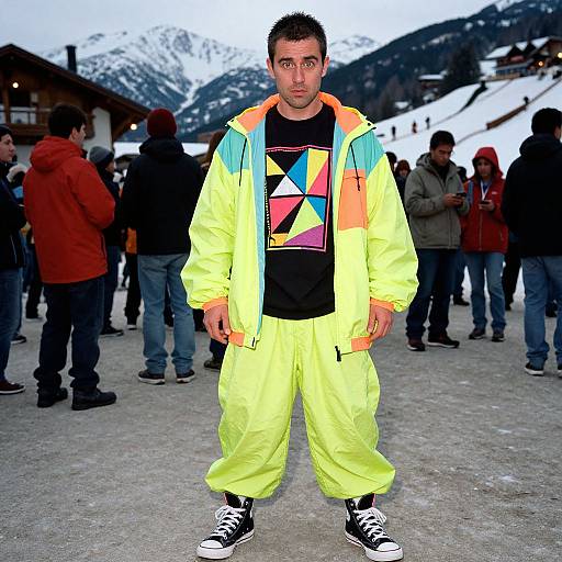 Photograph of a man in a neon yellow jacket and pants, black geometric shirt, black sneakers, standing in a snowy mountain town, surrounded by people