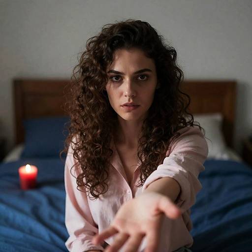 Intense Woman in Dimly Lit Bedroom