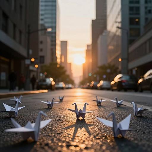 Photograph of white paper cranes scattered on a sunlit, empty city street at sunset, with tall buildings and blurred lights.