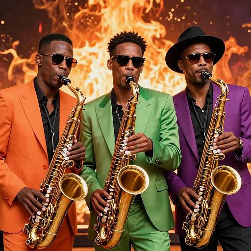 Jazz Trio Playing Saxophones with Fiery Background