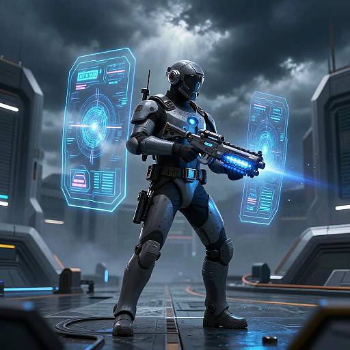 Futuristic Guard Patrolling Fortress