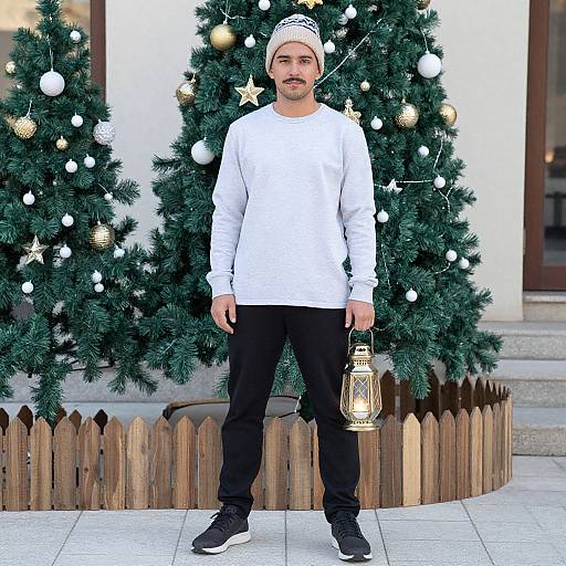 Photograph of a bearded man in a white long-sleeve shirt, black pants, and beanie, holding a lantern, standing in front