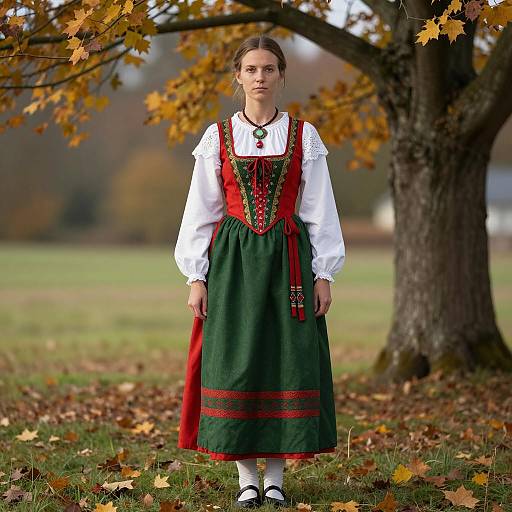 Woman in Danish Traditional Costume Outdoors in Autumn