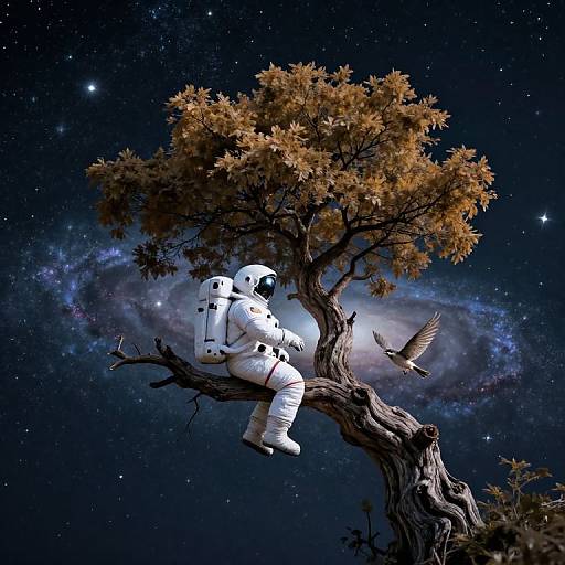Digital art: Astronaut in white spacesuit, sitting on twisted tree branch, surrounded by birds, under a starry night sky with a visible galaxy