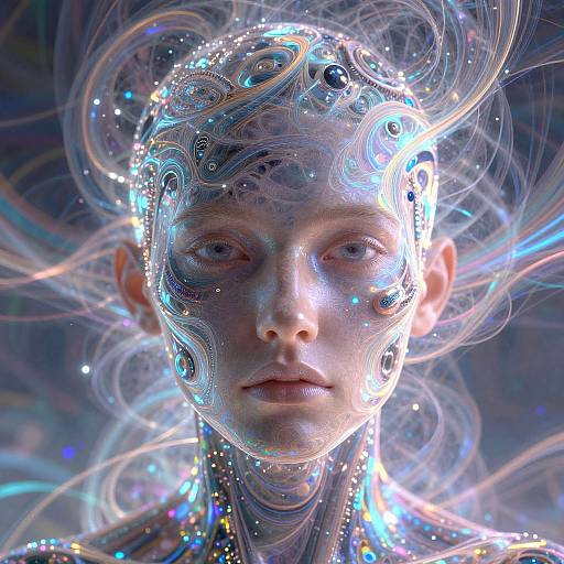 Digital art of a glowing, ethereal face with intricate, swirling blue and silver patterns, featuring luminescent eyes, and a futuristic, otherworld