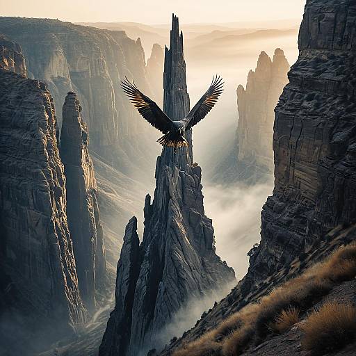 Giant Bird-shaped Rock Spire in Misty Canyon