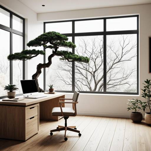 Minimalist Home Office with Bonsai Tree