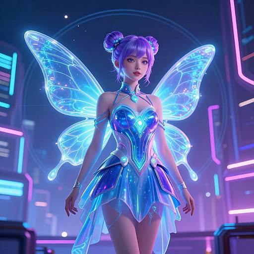Neon-lit digital artwork of a purple-haired fairy with glowing blue wings, wearing a shiny, metallic blue dress, in a futuristic cityscape.