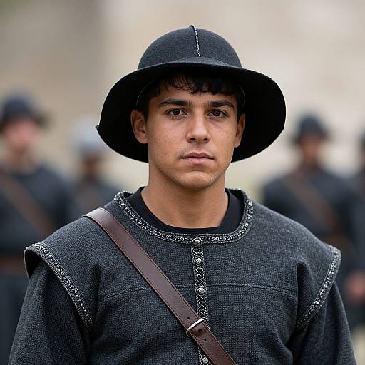 Photograph of a young man with olive skin, wearing a black medieval-style hat and shirt, brown strap, and blurred soldiers in background.