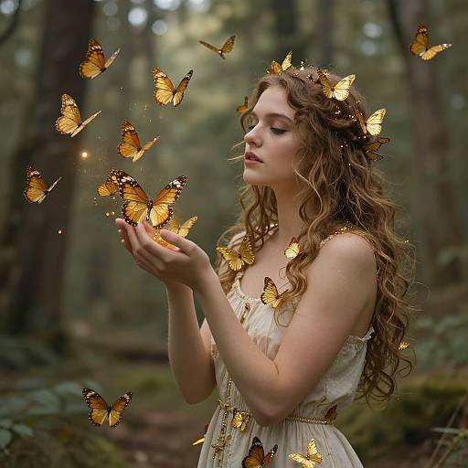 Photograph of a curly-haired woman in a white dress, surrounded by glowing orange butterflies in a forest, with soft, ethereal lighting.
