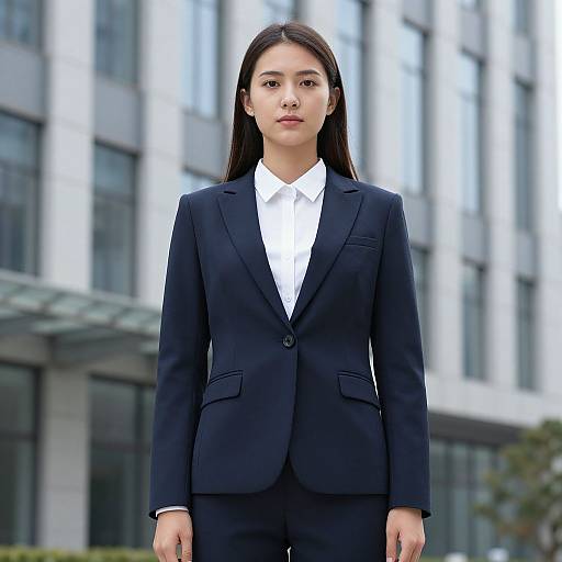 Photograph of an Asian woman with straight black hair, wearing a black suit and white shirt, standing in front of a modern glass building.
