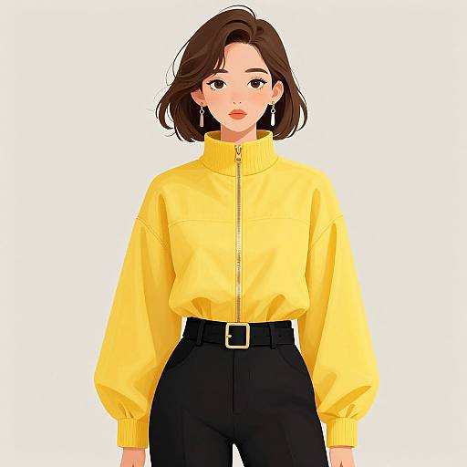 Digital illustration of an Asian woman with short brown hair, wearing a yellow zip-up jacket, black high-waisted pants, and gold earrings, standing