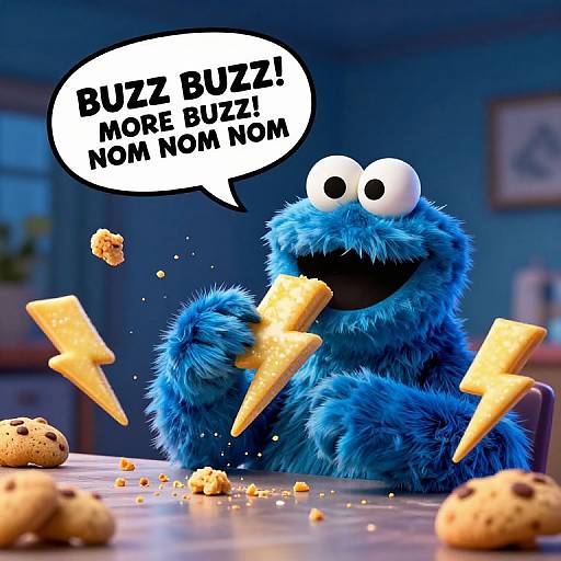 CGI image of blue, fuzzy Cookie Monster with large eyes, eating flying cheese puffs, saying 