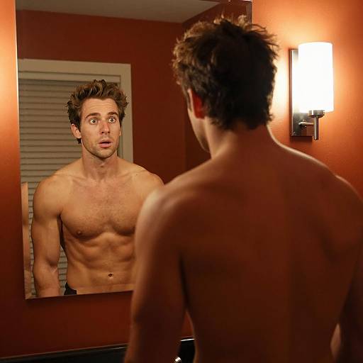 Shirtless Man Surprised in Bathroom Mirror