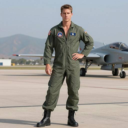 Male Pilot in Military Flight Suit on Airstrip