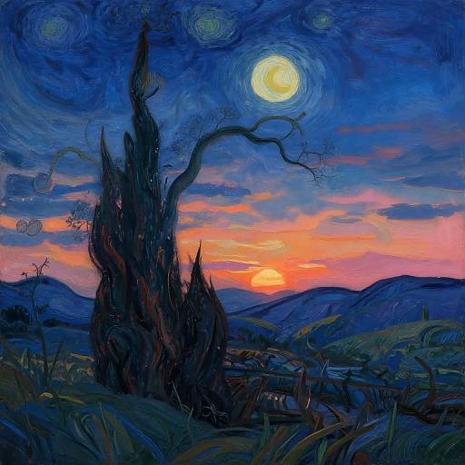 Vivid, swirling digital painting of a twilight landscape with a bright moon, dark cypress tree, and colorful sunset over rolling hills.