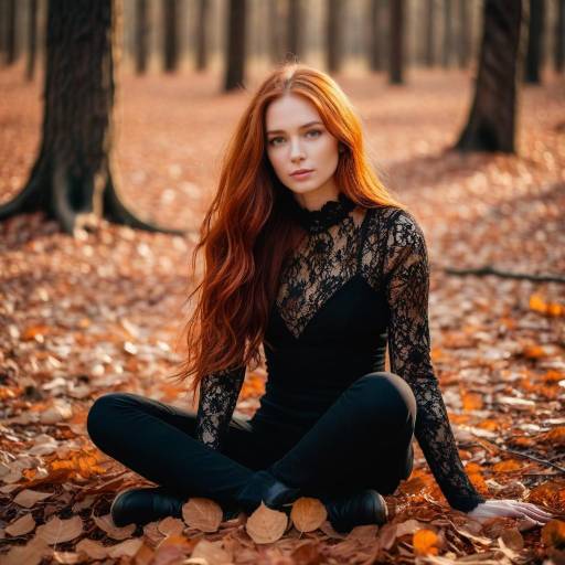 Red-haired woman sitting in autumn forest